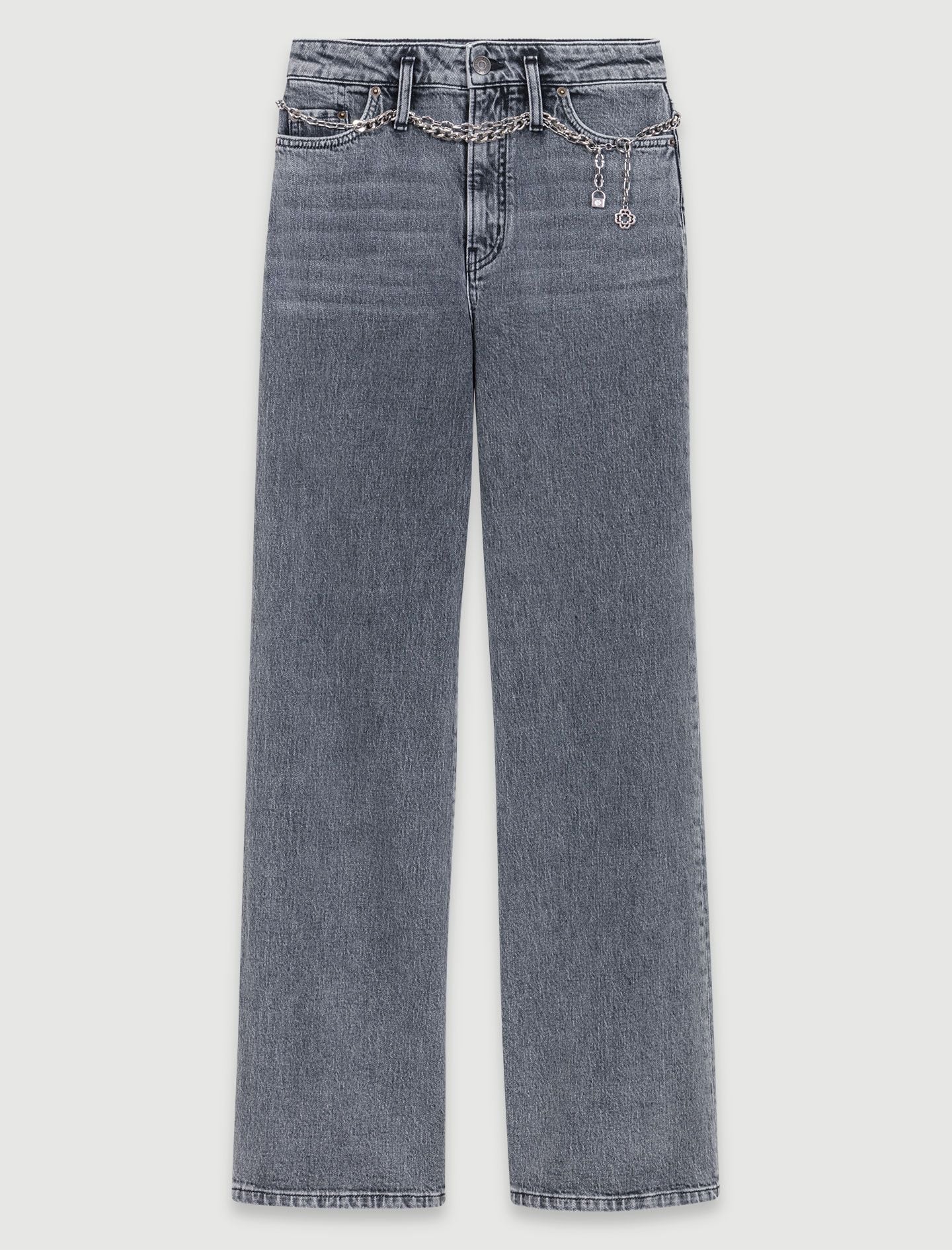 Quần jeans màu bạc ống rộng kèm dây xích